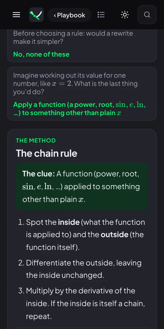 The Which rule for a derivative guide on a phone in dark mode, with numbered questions and links to lessons.