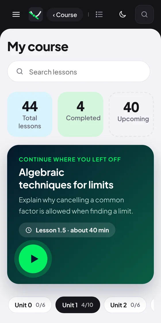 The My course page on a phone, showing 44 total lessons, 4 completed, and the next lesson to continue.